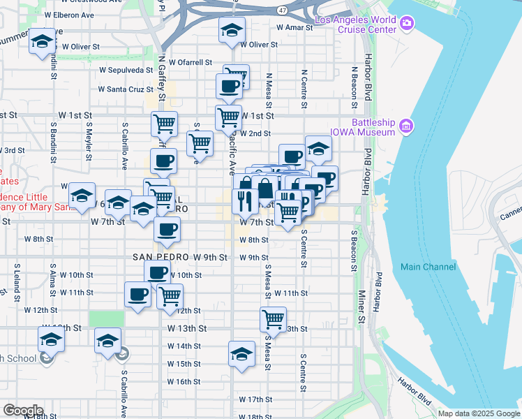 map of restaurants, bars, coffee shops, grocery stores, and more near 390 West 7th Street in Los Angeles