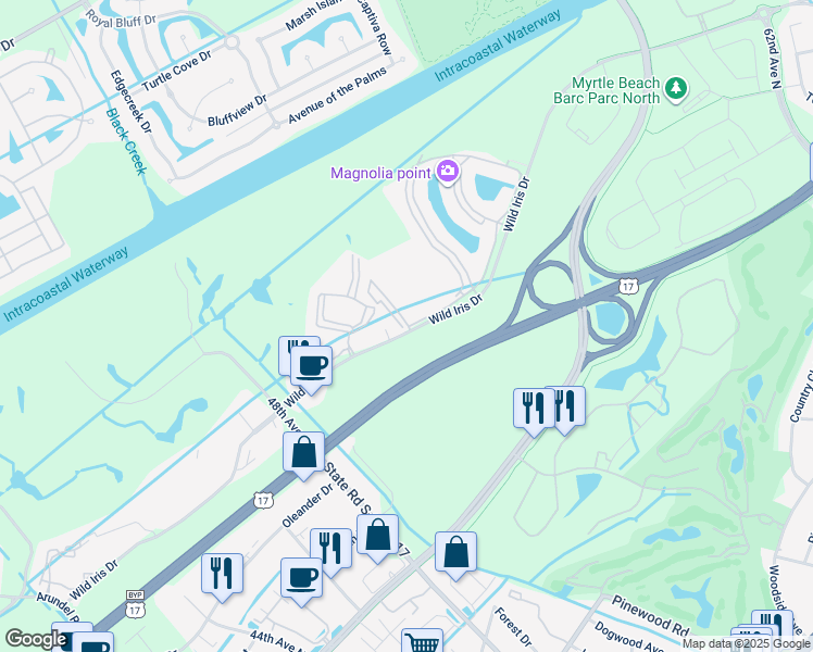 map of restaurants, bars, coffee shops, grocery stores, and more near 33-F Luster Leaf Circle in Myrtle Beach