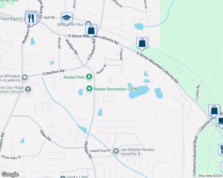 map of restaurants, bars, coffee shops, grocery stores, and more near 6372 Princeton Ridge Drive in Lithonia