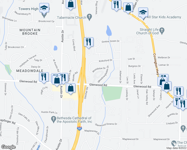 map of restaurants, bars, coffee shops, grocery stores, and more near 4600 Glenwood Road in Decatur