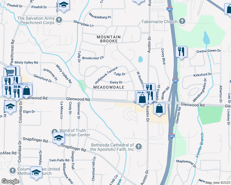 map of restaurants, bars, coffee shops, grocery stores, and more near 3693 Larkspur Terrace in Decatur
