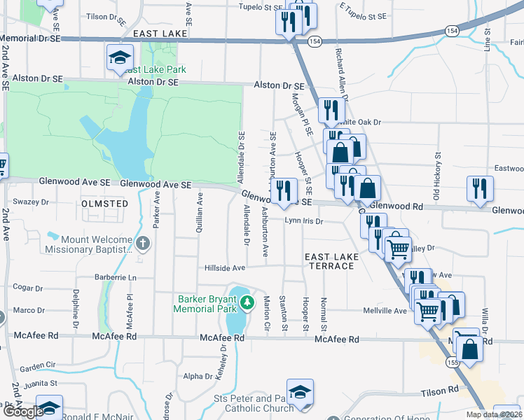 map of restaurants, bars, coffee shops, grocery stores, and more near 511 Ashburton Avenue in Decatur