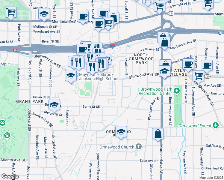 map of restaurants, bars, coffee shops, grocery stores, and more near 951 Glenwood Avenue Southeast in Atlanta
