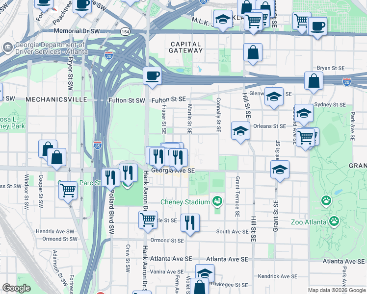 map of restaurants, bars, coffee shops, grocery stores, and more near 590 Terry Street Southeast in Atlanta