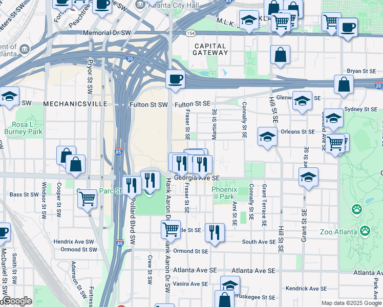 map of restaurants, bars, coffee shops, grocery stores, and more near 576 Fraser Street Southeast in Atlanta