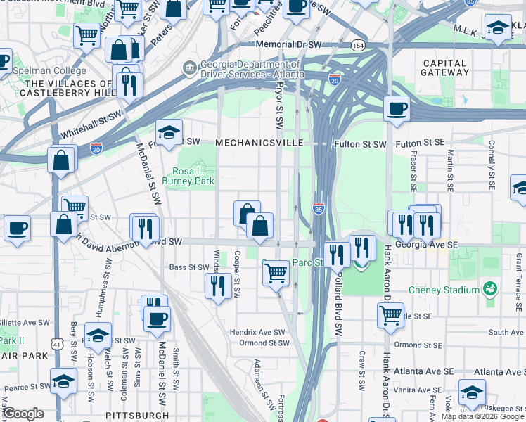 map of restaurants, bars, coffee shops, grocery stores, and more near 268 Glenn Street Southwest in Atlanta