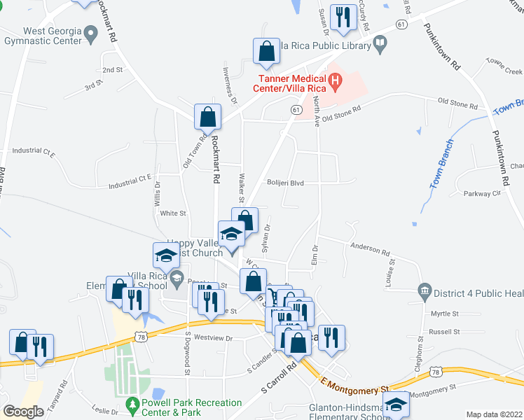 map of restaurants, bars, coffee shops, grocery stores, and more near 506 Northside Place in Villa Rica