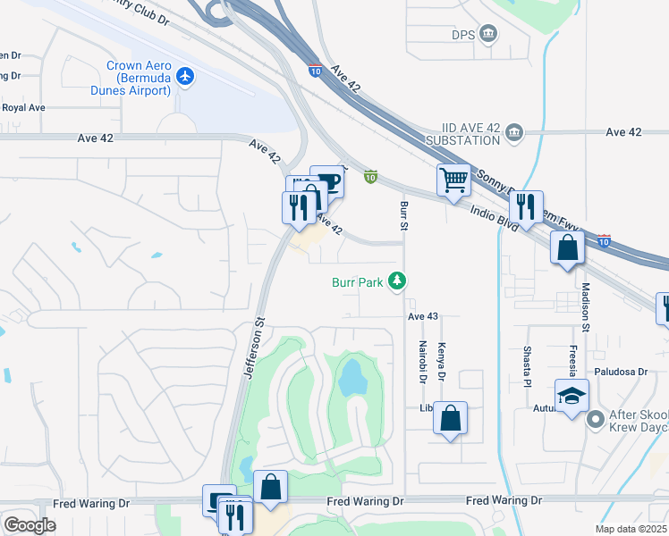 map of restaurants, bars, coffee shops, grocery stores, and more near 80533 Anacapa Drive in Indio