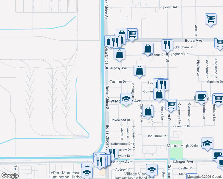 map of restaurants, bars, coffee shops, grocery stores, and more near 5032 Galway Circle in Huntington Beach