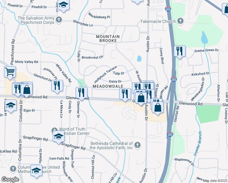 map of restaurants, bars, coffee shops, grocery stores, and more near 3693 Larkspur Terrace in Decatur