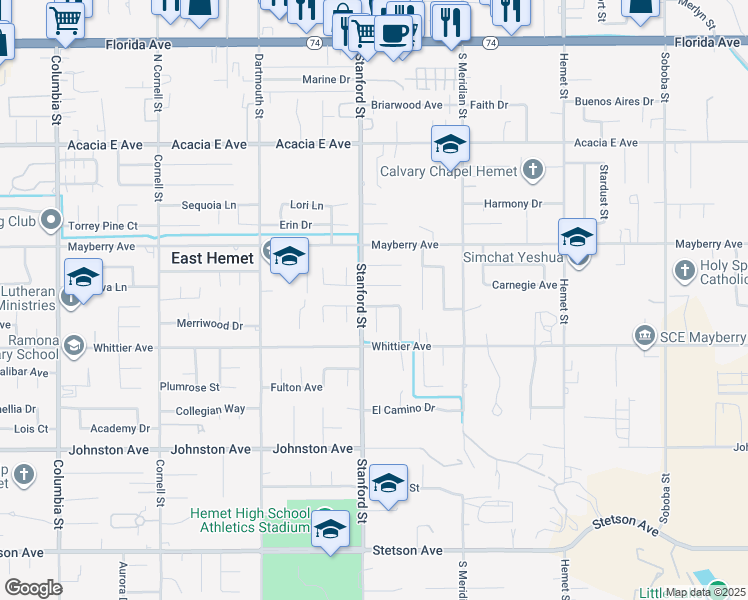 map of restaurants, bars, coffee shops, grocery stores, and more near 41776 Nordal Avenue in Hemet