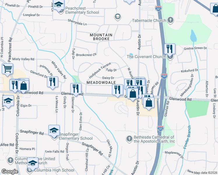 map of restaurants, bars, coffee shops, grocery stores, and more near 4384 Glenwood Parkway in Decatur