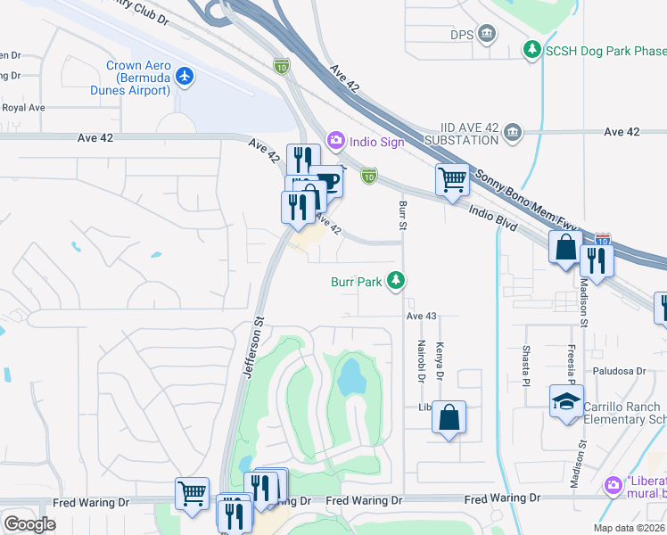 map of restaurants, bars, coffee shops, grocery stores, and more near 80533 Anacapa Drive in Indio