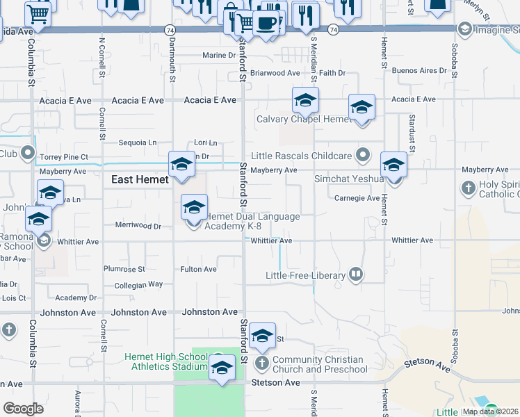 map of restaurants, bars, coffee shops, grocery stores, and more near 26417 Larkspur Street in Hemet