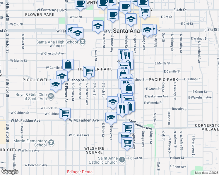 map of restaurants, bars, coffee shops, grocery stores, and more near 626 South Broadway in Santa Ana