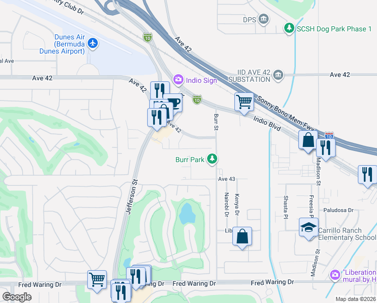 map of restaurants, bars, coffee shops, grocery stores, and more near 80555 Anacapa Drive in Indio