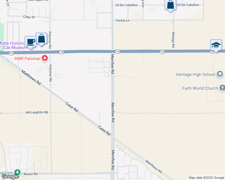 map of restaurants, bars, coffee shops, grocery stores, and more near Menifee Road in Romoland