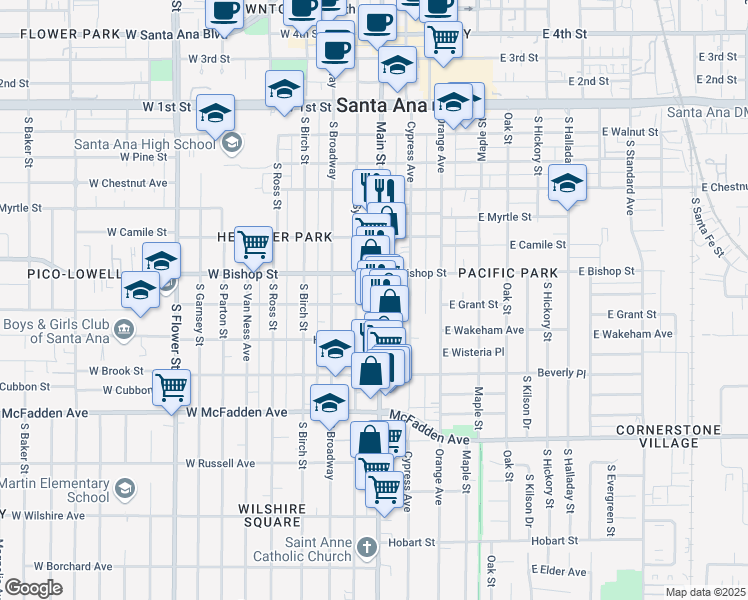 map of restaurants, bars, coffee shops, grocery stores, and more near 726 South Main Street in Santa Ana