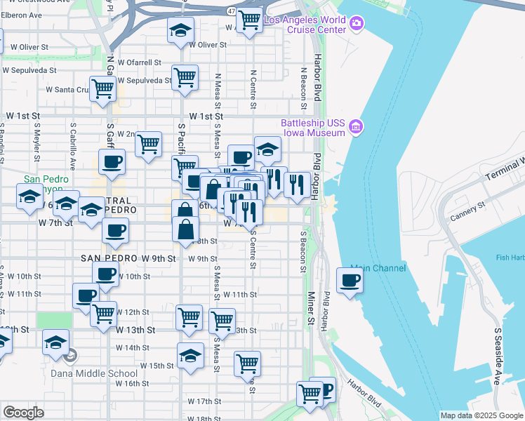 map of restaurants, bars, coffee shops, grocery stores, and more near 253 West 7th Street in Los Angeles