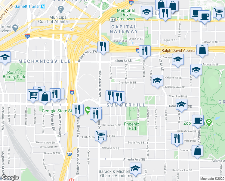 map of restaurants, bars, coffee shops, grocery stores, and more near 576 Fraser Street Southeast in Atlanta