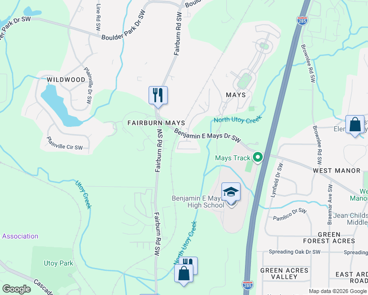map of restaurants, bars, coffee shops, grocery stores, and more near 3658 Utoy Drive Southwest in Atlanta