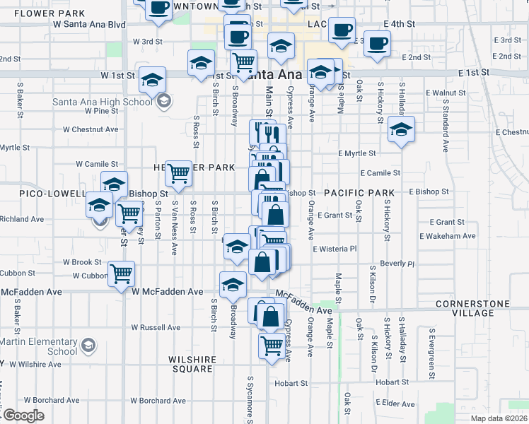 map of restaurants, bars, coffee shops, grocery stores, and more near 726 South Main Street in Santa Ana
