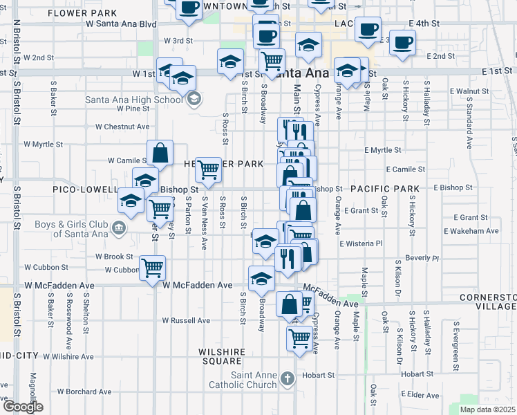 map of restaurants, bars, coffee shops, grocery stores, and more near 626 South Broadway in Santa Ana