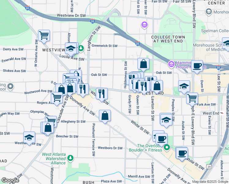 map of restaurants, bars, coffee shops, grocery stores, and more near 1250 Ralph David Abernathy Boulevard Southwest in Atlanta