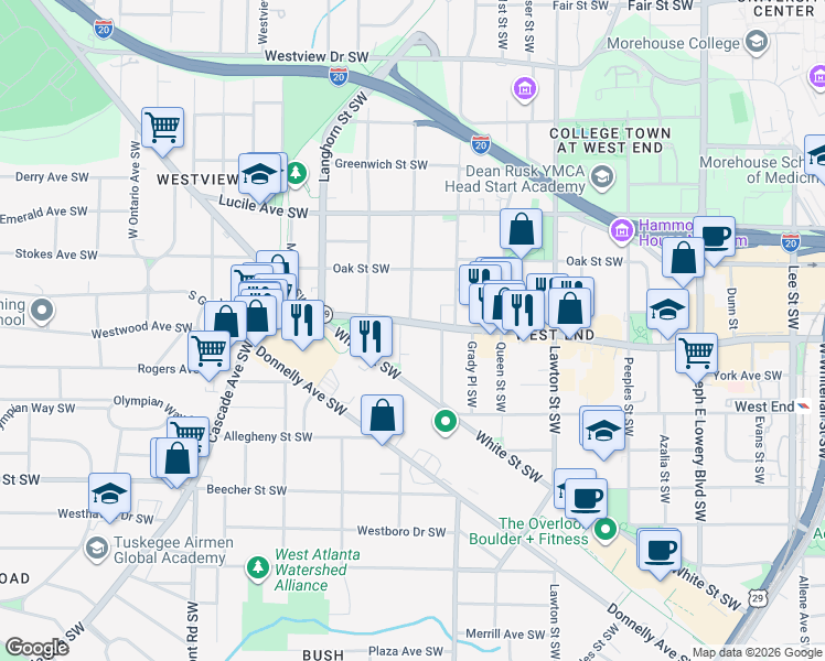 map of restaurants, bars, coffee shops, grocery stores, and more near 632 Atwood Street Southwest in Atlanta