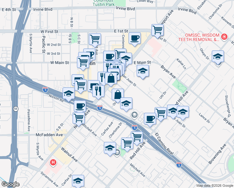 map of restaurants, bars, coffee shops, grocery stores, and more near 1091 Bonita Street in Tustin