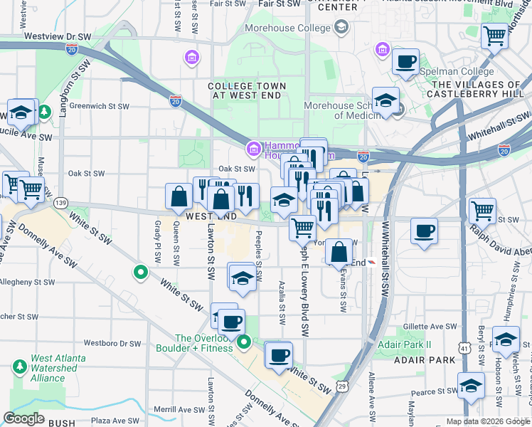map of restaurants, bars, coffee shops, grocery stores, and more near 983 Ralph David Abernathy Boulevard Southwest in Atlanta