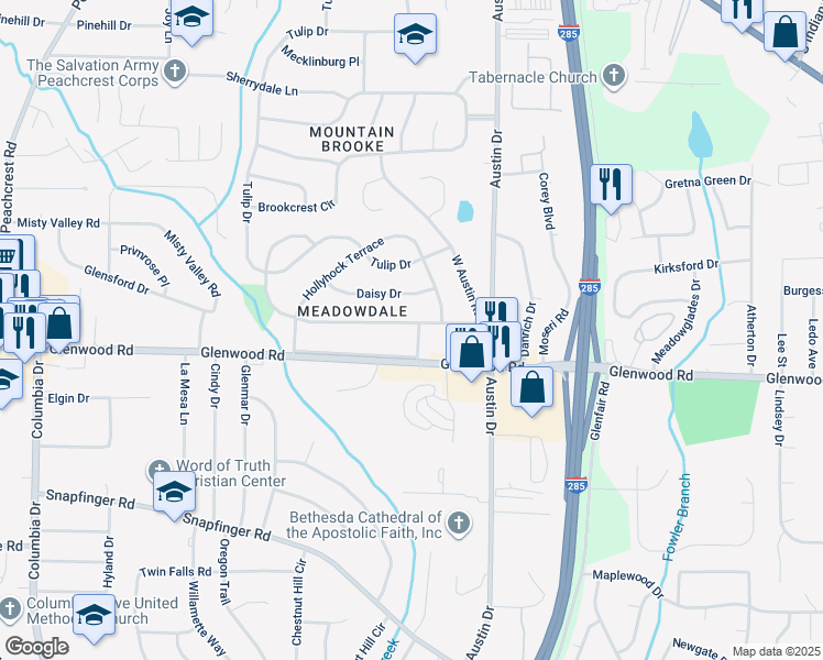 map of restaurants, bars, coffee shops, grocery stores, and more near 3727 Larkspur Terrace in Decatur