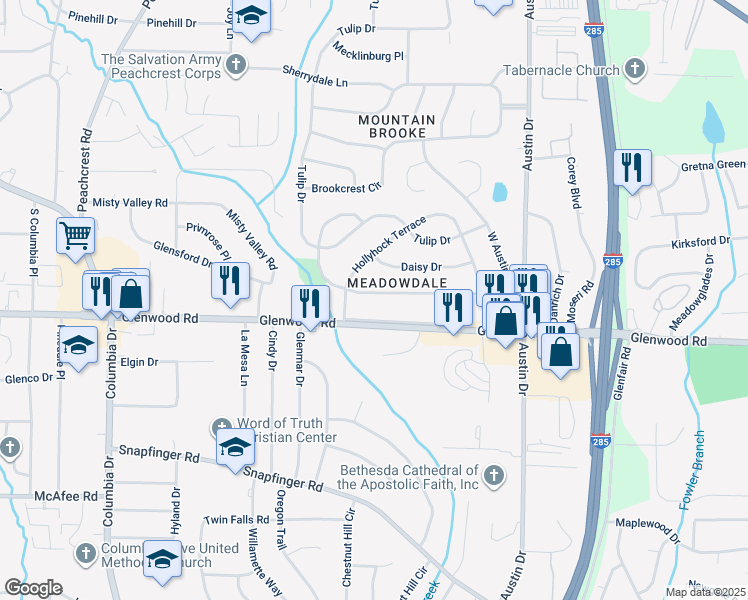 map of restaurants, bars, coffee shops, grocery stores, and more near 3645 Larkspur Terrace in Decatur