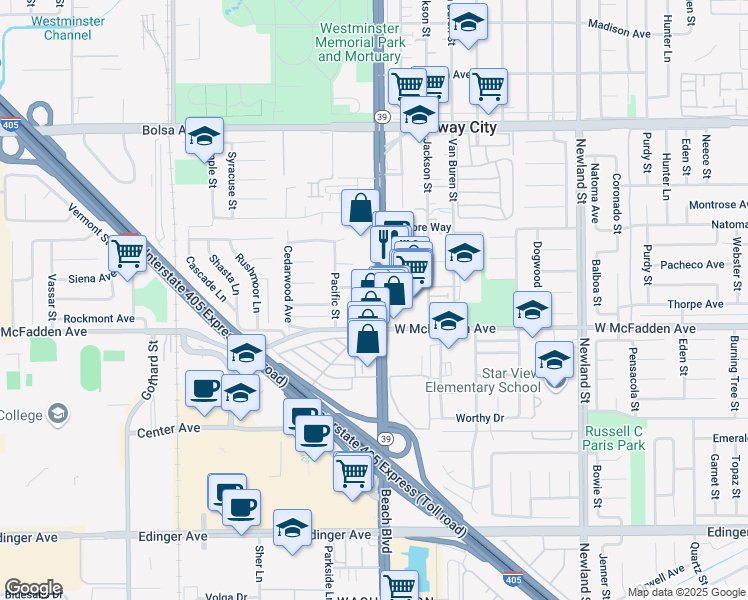 map of restaurants, bars, coffee shops, grocery stores, and more near 15401 Beach Blvd in Westminster