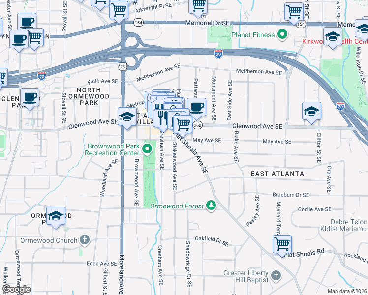 map of restaurants, bars, coffee shops, grocery stores, and more near 1350 Newton Avenue Southeast in Atlanta