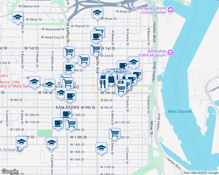 map of restaurants, bars, coffee shops, grocery stores, and more near 390 West 7th Street in Los Angeles