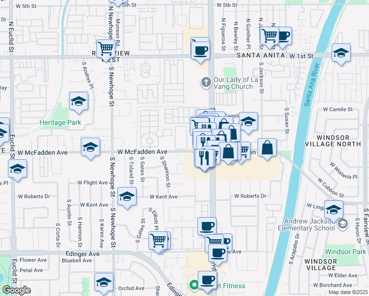 map of restaurants, bars, coffee shops, grocery stores, and more near 3927 West McFadden Avenue in Santa Ana