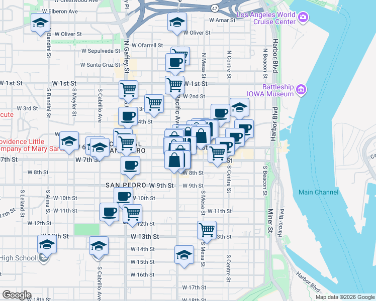 map of restaurants, bars, coffee shops, grocery stores, and more near 458 West 7th Street in Los Angeles