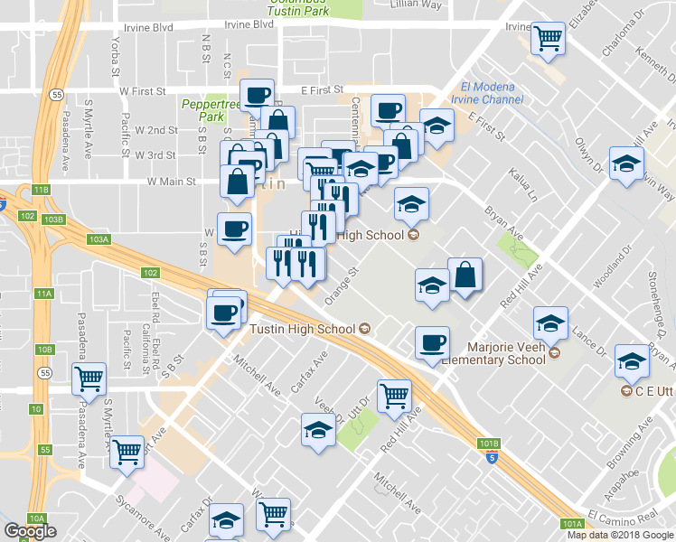 map of restaurants, bars, coffee shops, grocery stores, and more near 1091 Bonita Street in Tustin