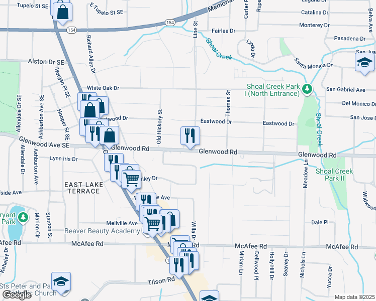 map of restaurants, bars, coffee shops, grocery stores, and more near 3359 Glenwood Road in Decatur
