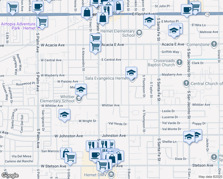 map of restaurants, bars, coffee shops, grocery stores, and more near 626 South Harvard Street in Hemet