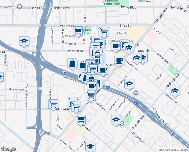 map of restaurants, bars, coffee shops, grocery stores, and more near 682 El Camino Real in Tustin