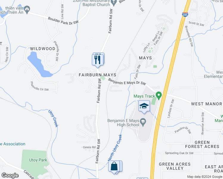 map of restaurants, bars, coffee shops, grocery stores, and more near 3667 Utoy Drive Southwest in Atlanta