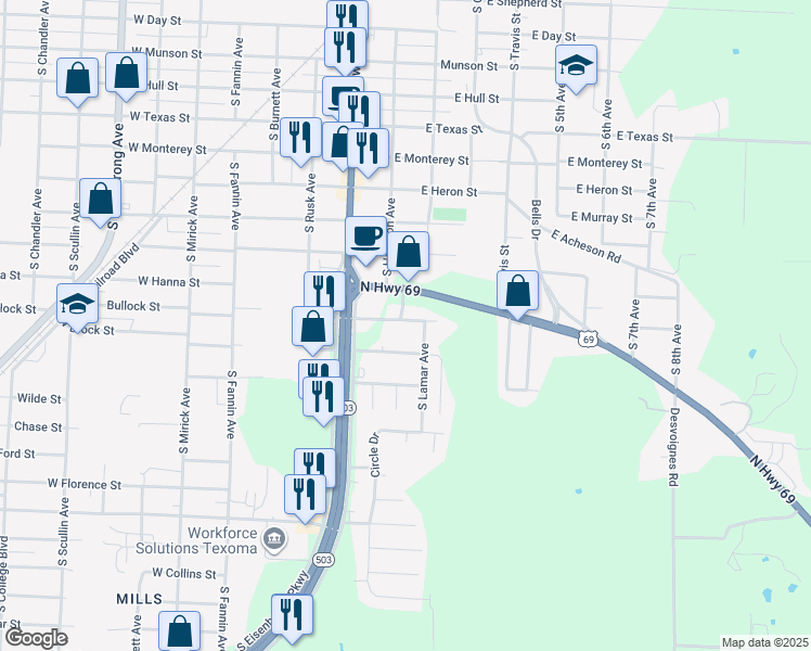 map of restaurants, bars, coffee shops, grocery stores, and more near 109 East Prospect Street in Denison