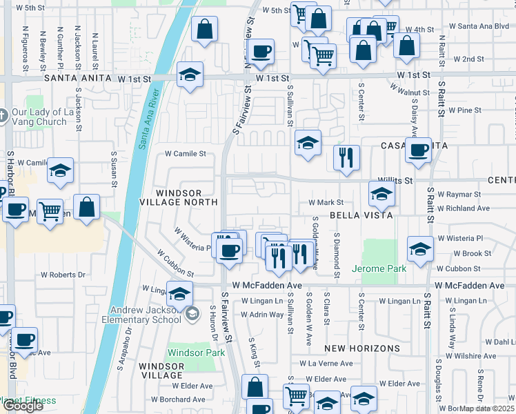 map of restaurants, bars, coffee shops, grocery stores, and more near 624 South Sullivan Street in Santa Ana
