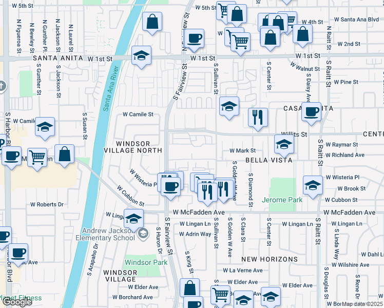 map of restaurants, bars, coffee shops, grocery stores, and more near 631 South Fairview Street in Santa Ana