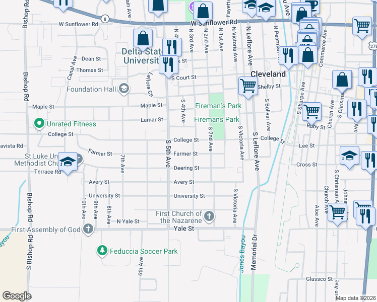 map of restaurants, bars, coffee shops, grocery stores, and more near 801-899 Farmer St in Cleveland