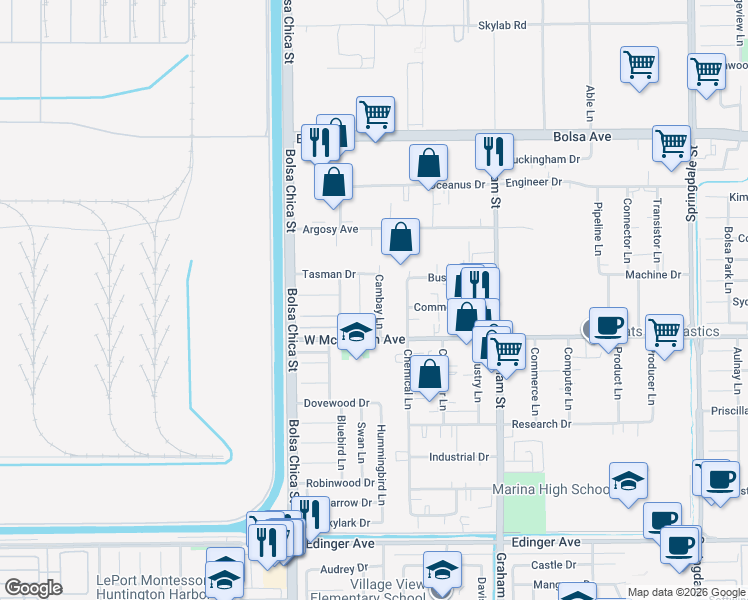 map of restaurants, bars, coffee shops, grocery stores, and more near 15381 Cambay Lane in Huntington Beach