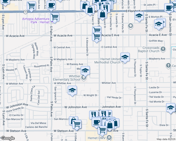 map of restaurants, bars, coffee shops, grocery stores, and more near in Hemet