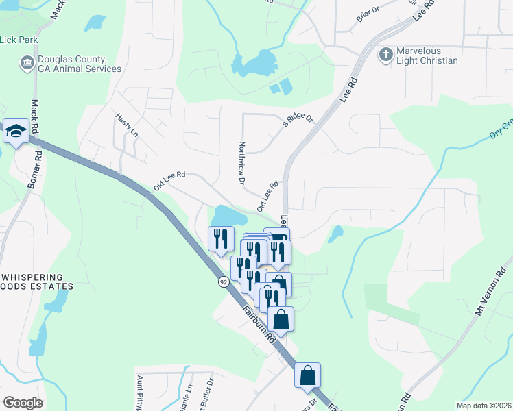map of restaurants, bars, coffee shops, grocery stores, and more near 8930 Old Lee Road in Lithia Springs